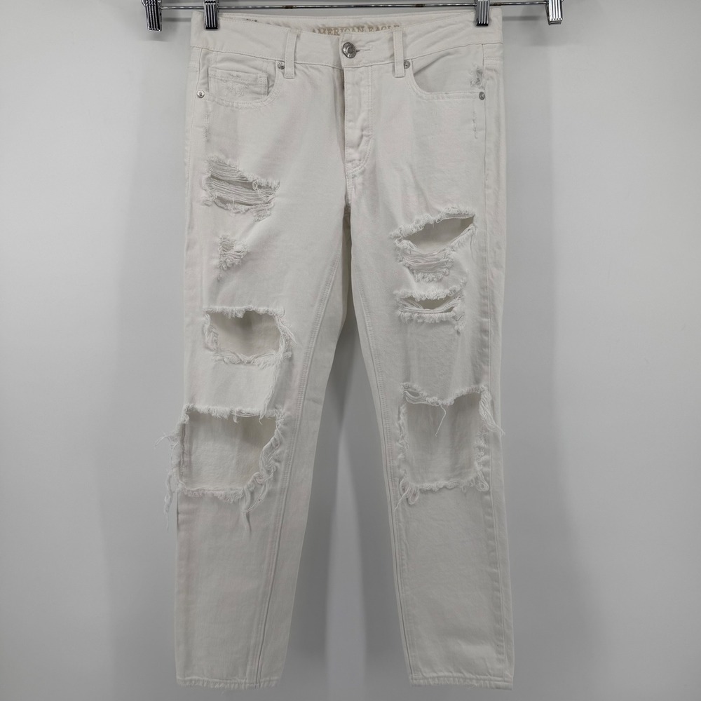 American Eagle Jeans Womens 4 White Distressed Ripped Cotton‎ Button Fly Denim